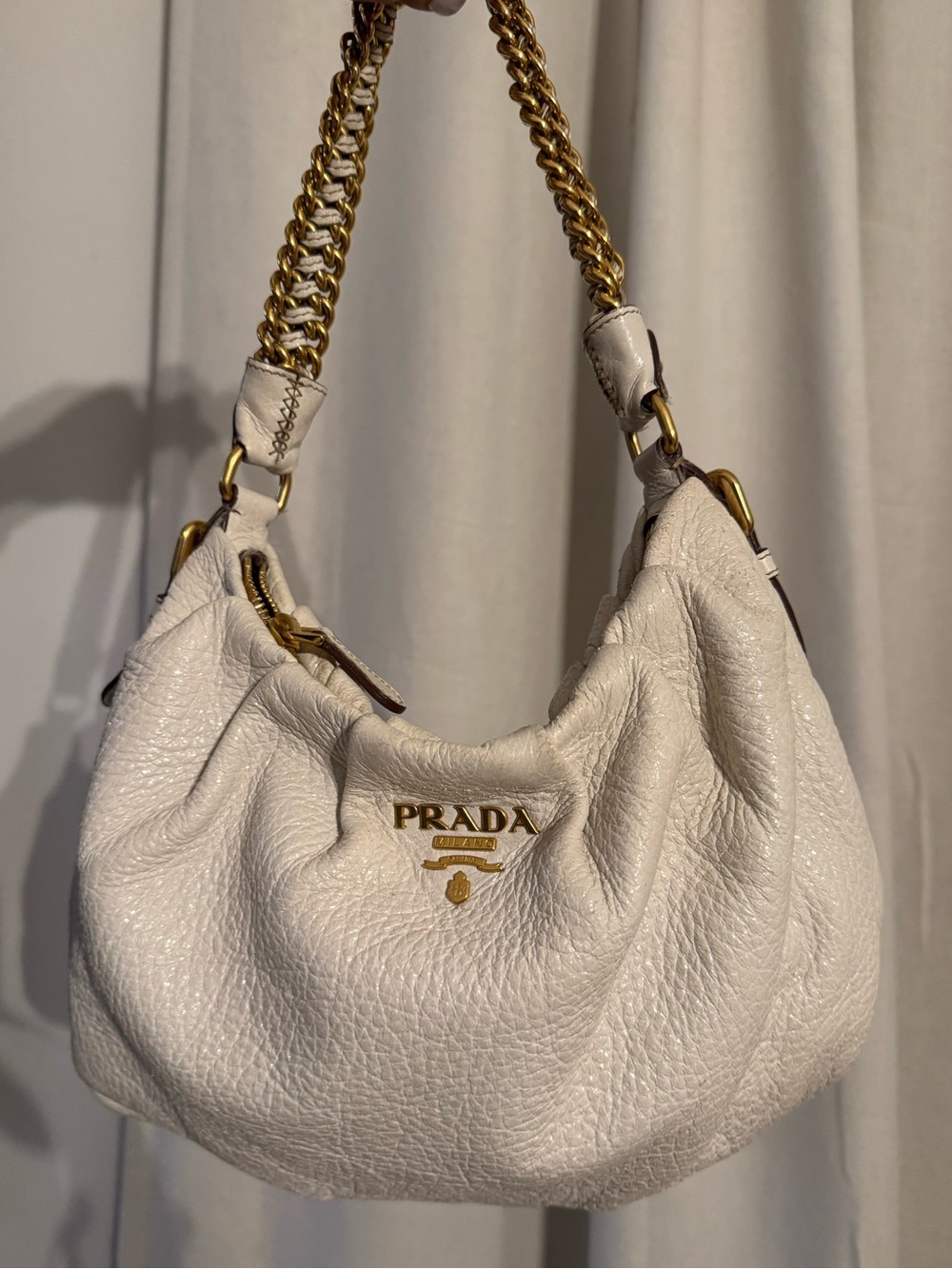 PRADA Cervo Lux Chain Hobo Shoulder Bag Leather Cream GHW PREOWNED - Picture 6 of 16